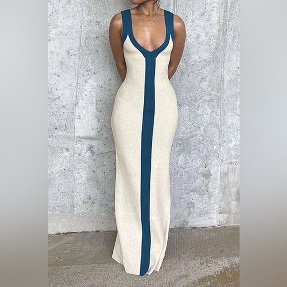 Micas Dresses & Skirts - Sleeveless white Maxi Dress with Teal Center Panel